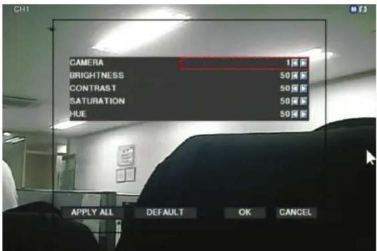 CAMERA 100 BRIGHTNESS 50 CONTRAST 50 SATURATION 50 HUE 50 APPLY ALL DEFAULT OK CANCEL