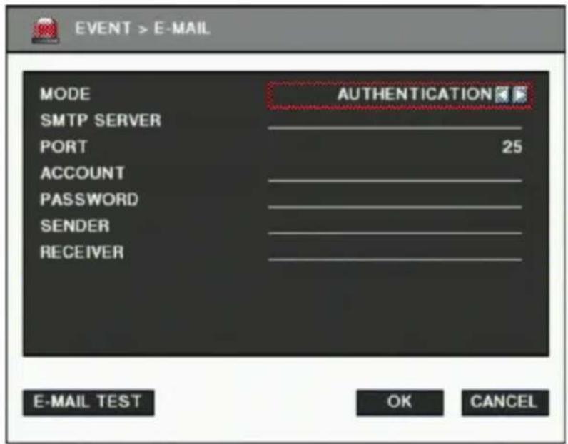 EVENT > E-MAIL MODE SMTP SERVER PORT ACCOUNT PASSWORD SENDER RECEIVER AUTHENTICATION 25 E-MAIL TEST OK CANCEL