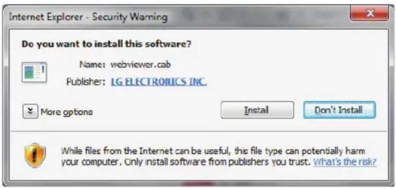 Internet Explorer - Security Warning Do you want to install this software? Name: webviewer.cab Publisher: LG ELECTRONICS INC. More options Install Don't Install While files from the Internet can be useful, this file type can potentially harm your computer. Only install software from publishers you trust. What's the risk?