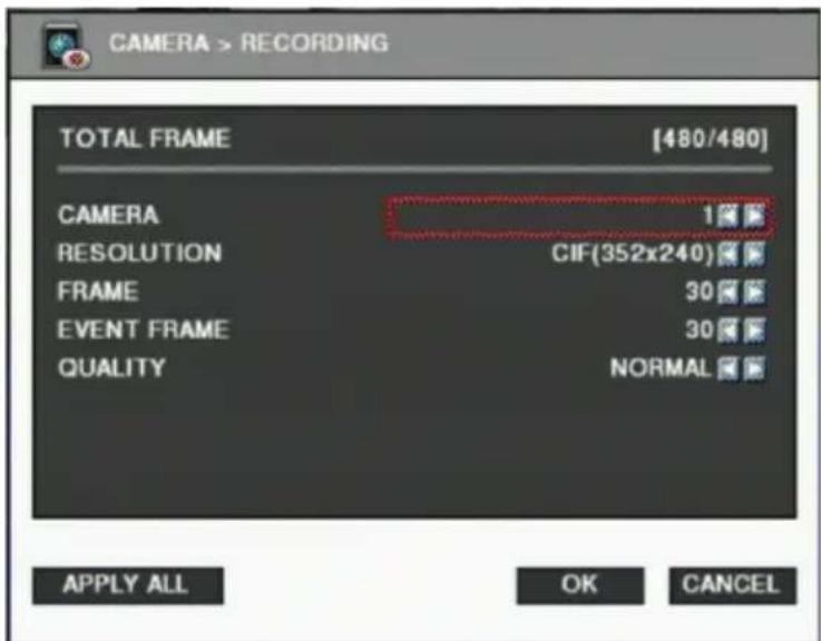 CAMERA > RECORDING TOTAL FRAME [480/480] CAMERA 1 RESOLUTION CIF(352x240) FRAME 30 EVENT FRAME 30 QUALITY NORMAL APPLY ALL OK CANCEL