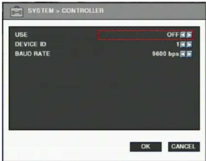 SYSTEM > CONTROLLER USE OFF DEVICE ID 1 BAUD RATE 9600 bps OK CANCEL