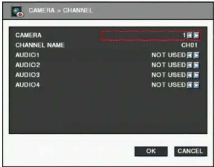 CAMERA > CHANNEL CAMERA CHANNEL NAME CH01 AUDIO1 NOT USED AUDIO2 NOT USED AUDIO3 NOT USED AUDIO4 NOT USED OK CANCEL