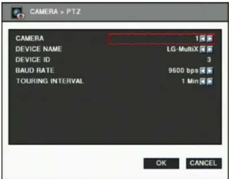 CAMERA > PTZ CAMERA 1 DEVICE NAME LG-MultiX DEVICE ID 3 BAUD RATE 9600 bps TOURING INTERVAL 1 Min OK CANCEL