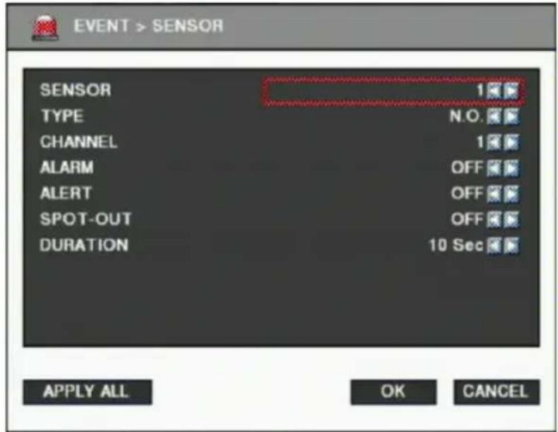 EVENT > SENSOR SENSOR 1 TYPE N.O. CHANNEL 1 ALARM OFF ALERT OFF SPOT-OUT OFF DURATION 10 Sec APPLY ALL OK CANCEL
