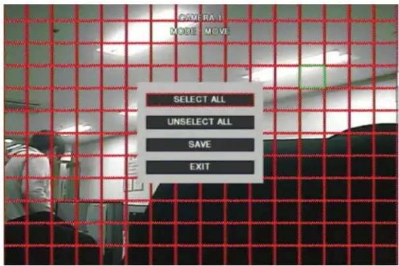 CAMERA 1 MODE: MOVE SELECT ALL UNSELECT ALL SAVE EXIT