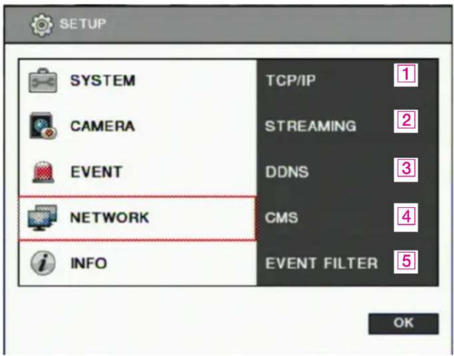 SETUP SYSTEM CAMERA EVENT NETWORK INFO TCP/IP STREAMING DDNS CMS EVENT FILTER 1 2 3 4 5 OK