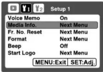 Setup 1 Voice Memo On Media Info. Next Menu Fr. No. Reset Next Menu Format Next Menu Beep Off Start Logo Next Menu MENU:Exit SET:Adj.