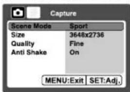 Capture Scene Mode Sport Size 3648x2736 Quality Fine Anti Shake On MENU:Exit SET:Adj.