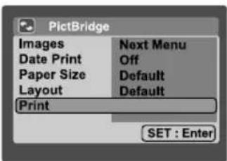 PictBridge Images Next Menu Date Print Off Paper Size Default Layout Default Print SET : Enter