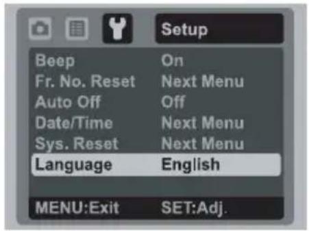Setup Beep On Fr. No. Reset Next Menu Auto Off Off Date/Time Next Menu Sys. Reset Next Menu Language English MENU:Exit SET:Adj.