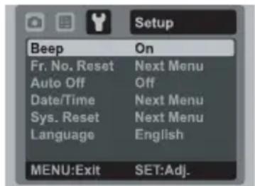 Setup Beep On Fr. No. Reset Next Menu Auto Off Off Date/Time Next Menu Sys. Reset Next Menu Language English MENU:Exit SET:Adj.