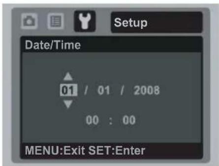 Setup Date/Time 01 / 01 / 2008 00 : 00 MENU:Exit SET:Enter