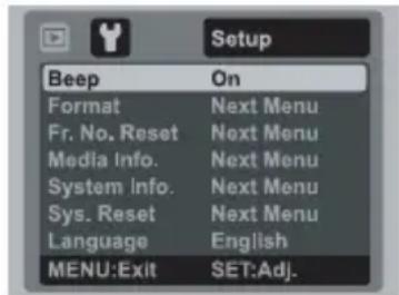 Setup Beep On Format Next Menu Fr. No. Reset Next Menu Media Info. Next Menu System Info. Next Menu Sys. Reset Next Menu Language English MENU:Exit SET:Adj.