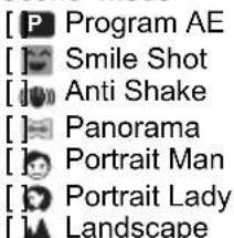 [P] Program AE [ ] Smile Shot [ ] Anti Shake [ ] Panorama [ ] Portrait Man [ ] Portrait Lady [ ] Landscape