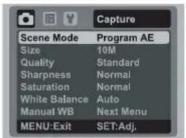 Capture Scene Mode Program AE Size 10M Quality Standard Sharpness Normal Saturation Normal White Balance Auto Manual WB Next Menu MENU:Exit SET:Adj.