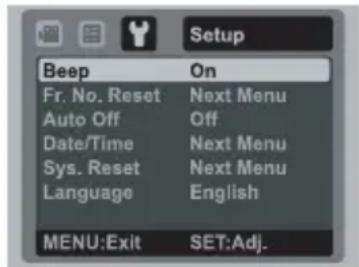 Setup Beep On Fr. No. Reset Next Menu Auto Off Off Date/Time Next Menu Sys. Reset Next Menu Language English MENU:Exit SET:Adj.