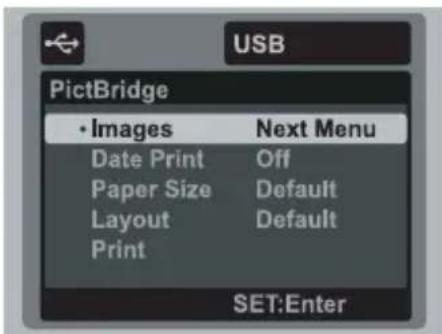 USB PictBridge • Images Next Menu Date Print Off Paper Size Default Layout Default Print SET:Enter