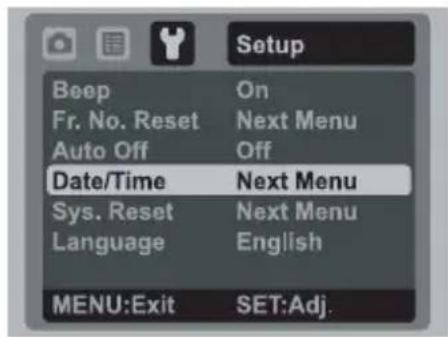 Setup Beep On Fr. No. Reset Next Menu Auto Off Off Date/Time Next Menu Sys. Reset Next Menu Language English MENU:Exit SET:Adj.
