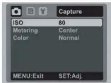 Capture ISO 80 Metering Center Color Normal MENU:Exit SET:Adj.