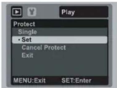 Play Protect Single • Set Cancel Protect Exit MENU:Exit SET:Enter