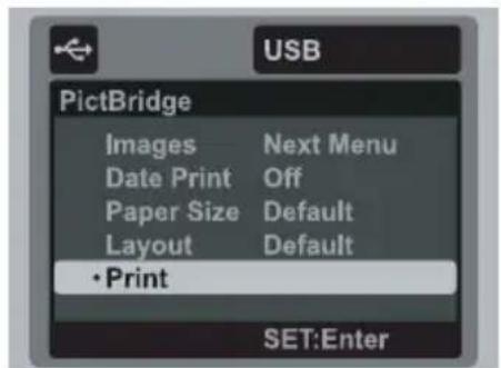 USB PictBridge Images Next Menu Date Print Off Paper Size Default Layout Default • Print SET:Enter