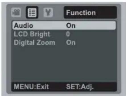 Function Audio On LCD Bright. 0 Digital Zoom On MENU:Exit SET:Adj.