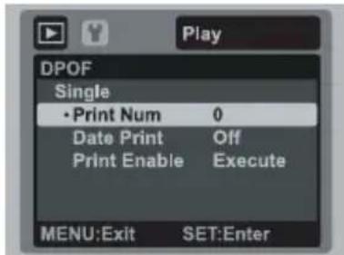 DPOF Single • Print Num 0 Date Print Off Print Enable Execute MENU:Exit SET:Enter
