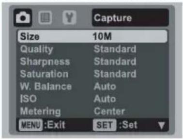 Capture Size 10M Quality Standard Sharpness Standard Saturation Standard W. Balance Auto ISO Auto Metering Center MENU :Exit SET :Set