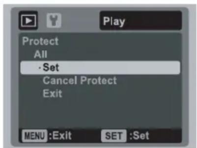 Play Protect All • Set Cancel Protect Exit MENU :Exit SET :Set