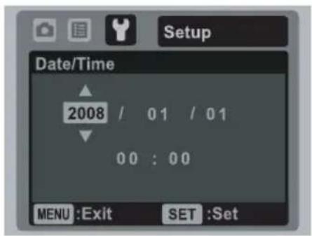 Setup Date/Time 2008 / 01 / 01 00 : 00 MENU :Exit SET :Set