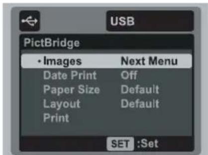 USB PictBridge • Images Next Menu Date Print Off Paper Size Default Layout Default Print SET :Set