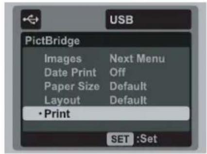 USB PictBridge Images Next Menu Date Print Off Paper Size Default Layout Default • Print SET :Set