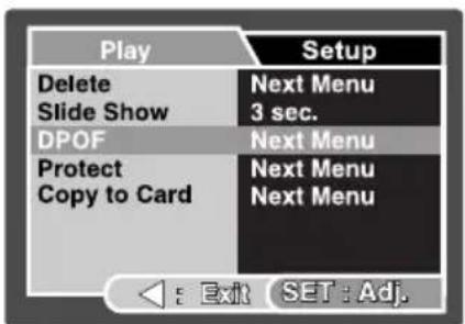 Play Delete Slide Show DPOF Protect Copy to Card Setup Next Menu 3 sec. Next Menu Next Menu Next Menu Exit SET: Adj.