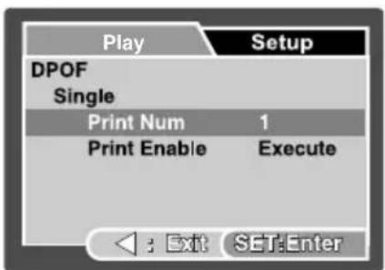Play Setup DPOF Single Print Num 1 Print Enable Execute : Exit SET:Enter