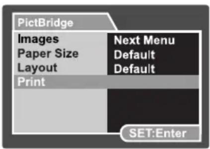 PictBridge Images Next Menu Paper Size Default Layout Default Print SET:Enter