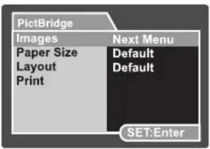 PictBridge Images Paper Size Layout Print Next Menu Default Default SET:Enter
