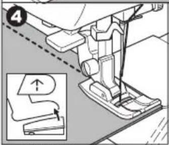 Technical diagram showing a sewing machine's foot and side view with an inset highlighting the mechanism.