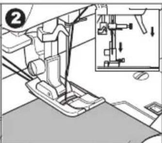 Technical diagram showing a sewing machine's foot and side view with labeled parts and directional arrows