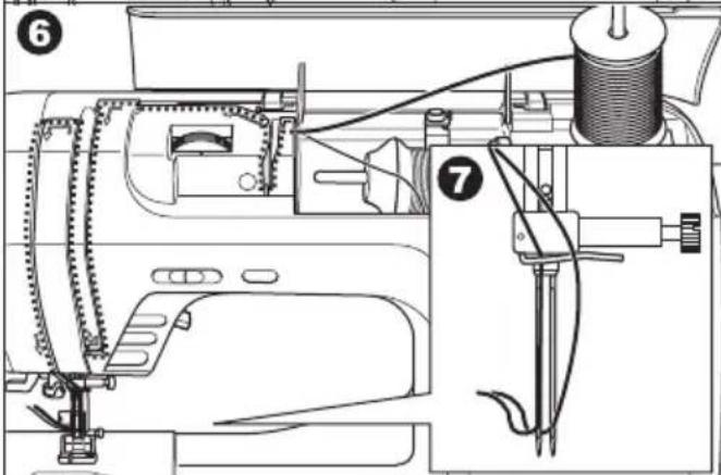 Technical diagram of a sewing machine with numbered components and labeled parts