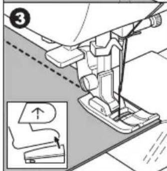 Diagram illustrating a sewing machine's mechanical assembly with an inset showing the seat and foot positioning.