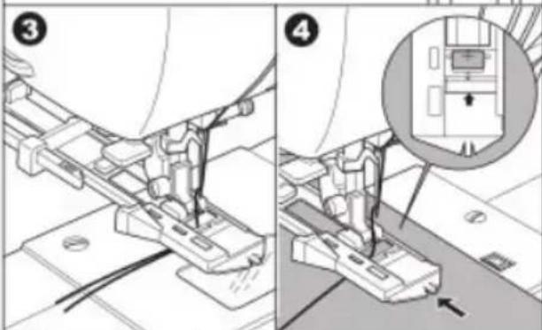 Technical diagram showing mechanical assembly steps with numbered annotations and a magnified inset of a device component.