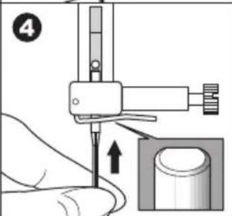 Diagram showing a hand using a tool to press or install a cylindrical component, with an arrow indicating the process.