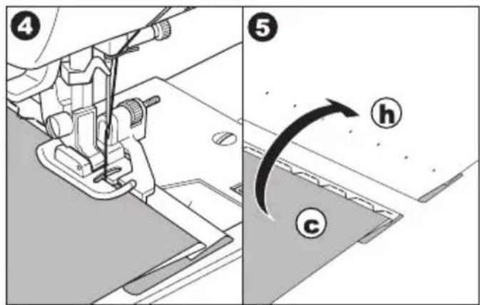 Diagram illustrating sewing process steps with labeled parts (4, 5) and directional arrows indicating movement