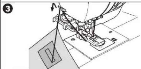 Technical diagram showing sewing machine stitching process with labeled component and directional arrow