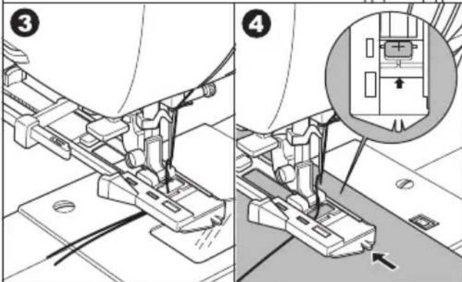 Technical diagram showing sewing process steps with numbered annotations and a magnified inset of the component detail
