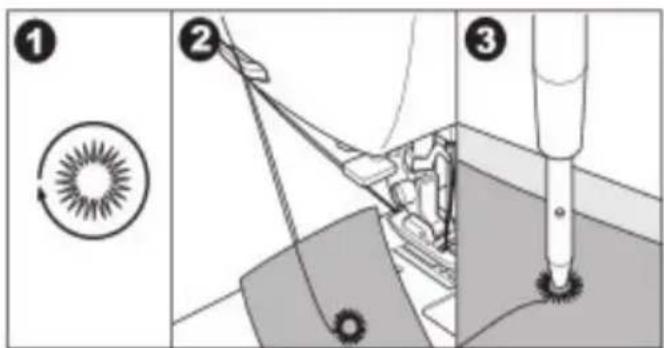 Technical diagram illustrating mechanical assembly steps with numbered components and directional arrows