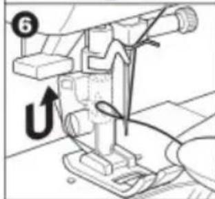 Technical diagram of a sewing machine with labeled component and directional arrow indicating motion