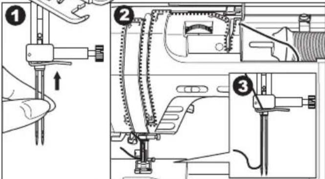 Technical diagram showing three-step assembly steps of a sewing machine tool, with numbered annotations indicating component identification.