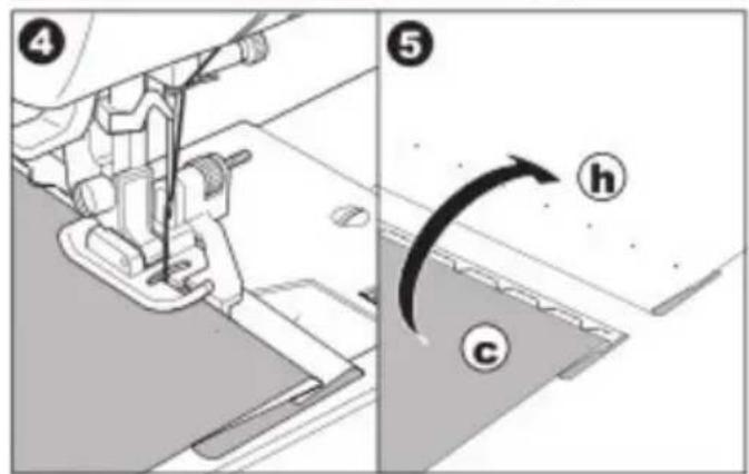 Technical diagram showing sewing process with labeled parts (4, 5) and directional arrow indicating rotation or movement