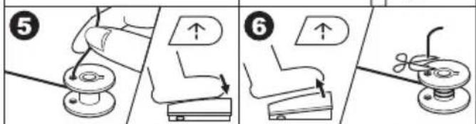 Diagram illustrating three-step instructions for using a sewing machine, labeled 5, 6, and showing mechanical steps with arrows.